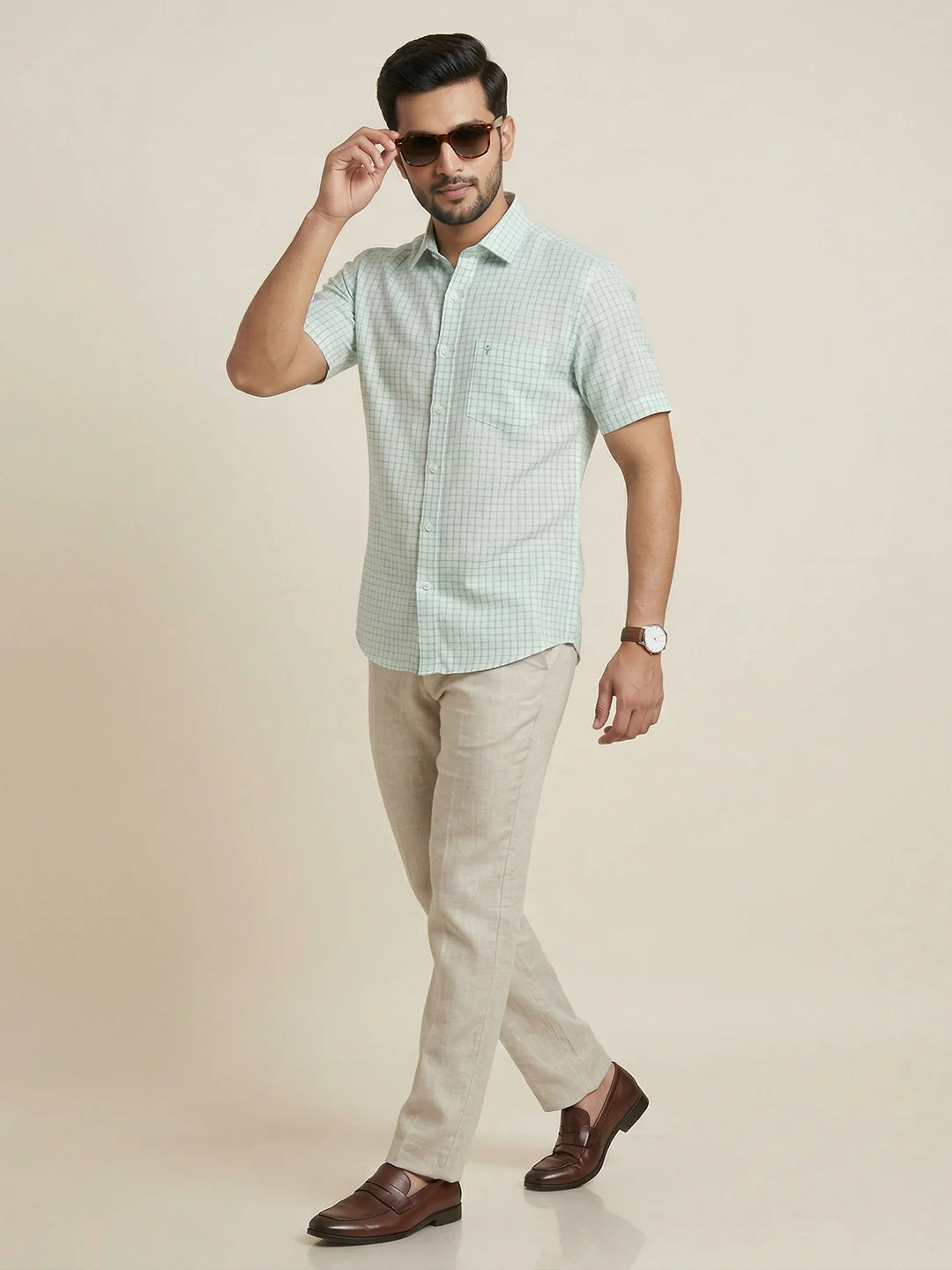 Men Pure Linen Checked Shirt Blue LS147 - Image 8