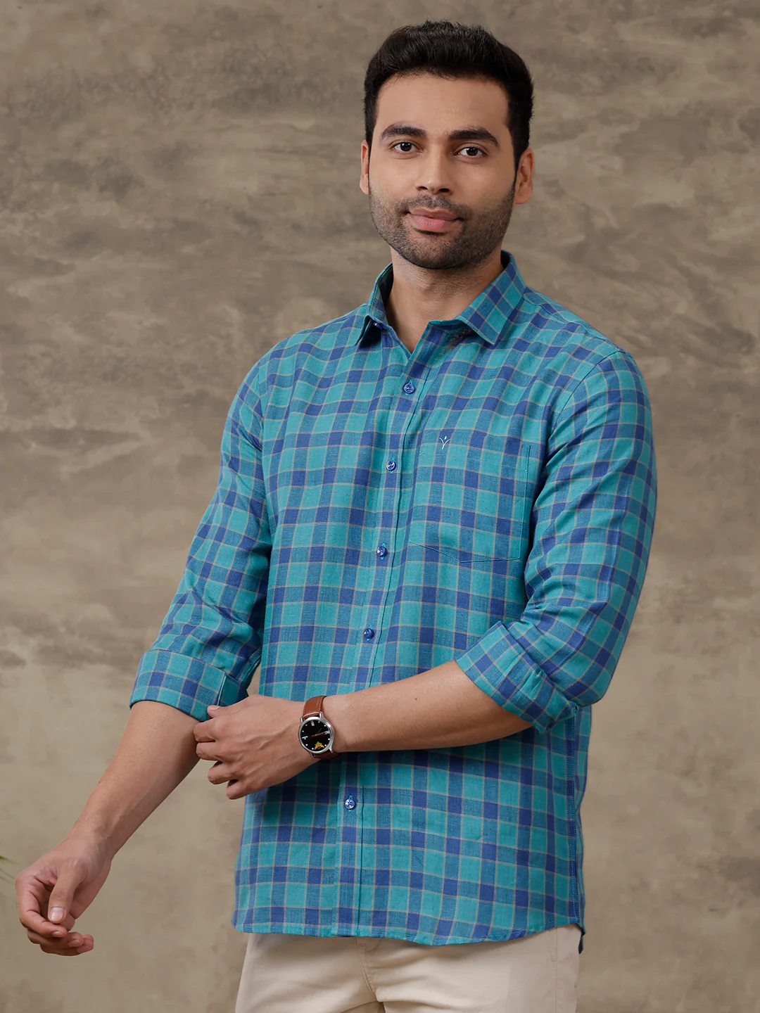 Men Pure Linen Checked Shirt Blue LS58 - Image 3