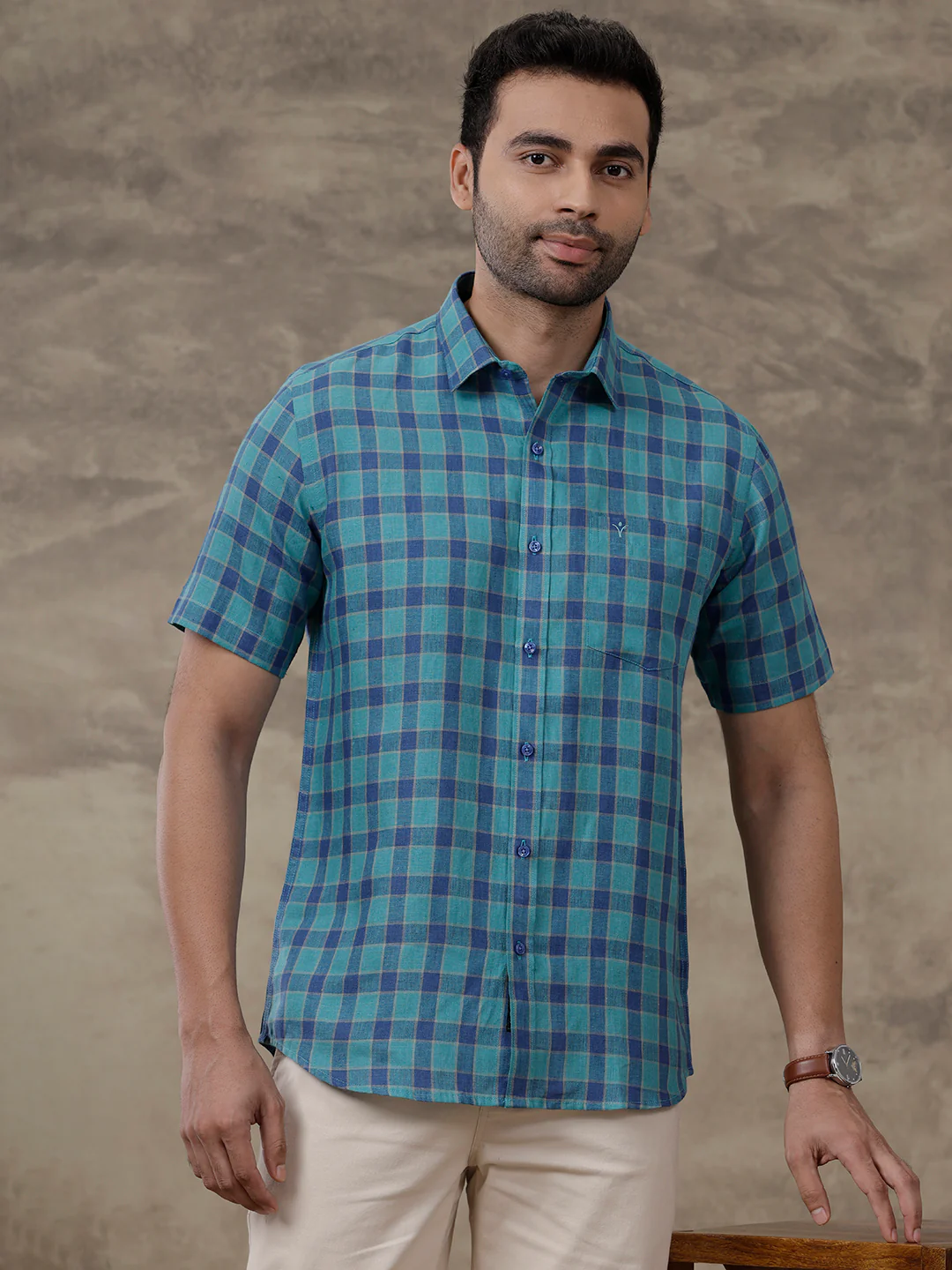 Men Pure Linen Checked Shirt Blue LS58 - Image 4