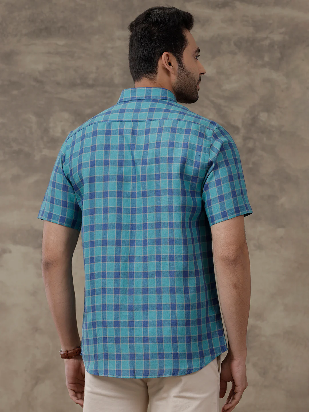 Men Pure Linen Checked Shirt Blue LS58 - Image 5