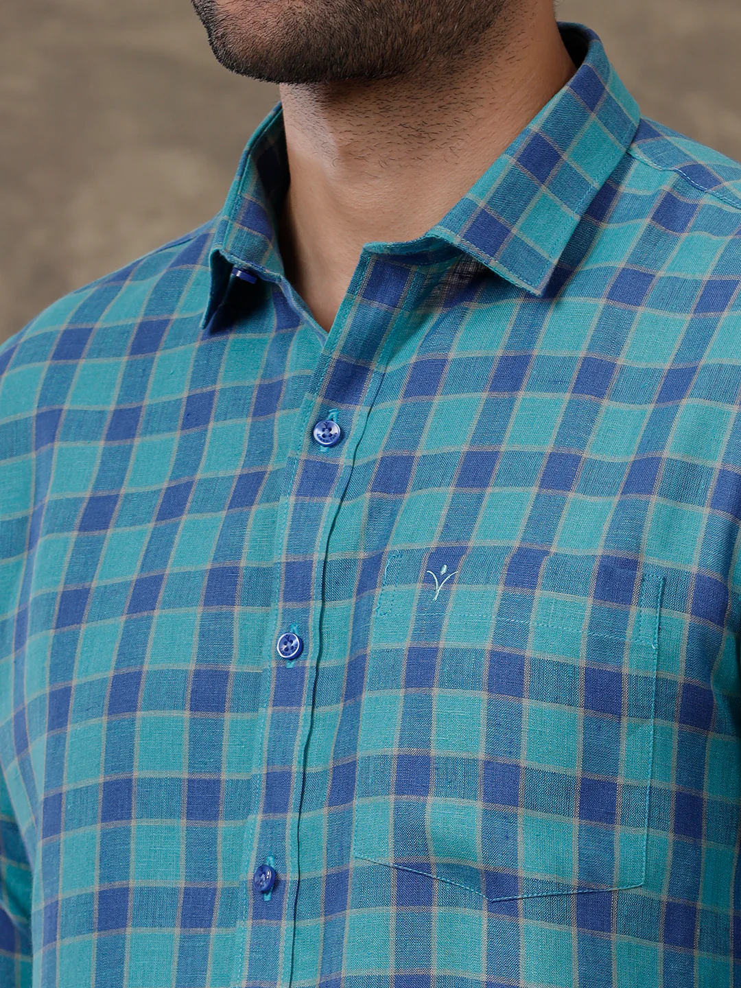 Men Pure Linen Checked Shirt Blue LS58 - Image 6