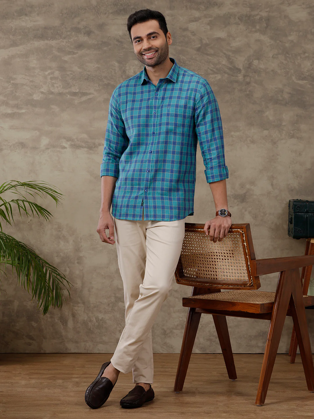 Men Pure Linen Checked Shirt Blue LS58 - Image 7