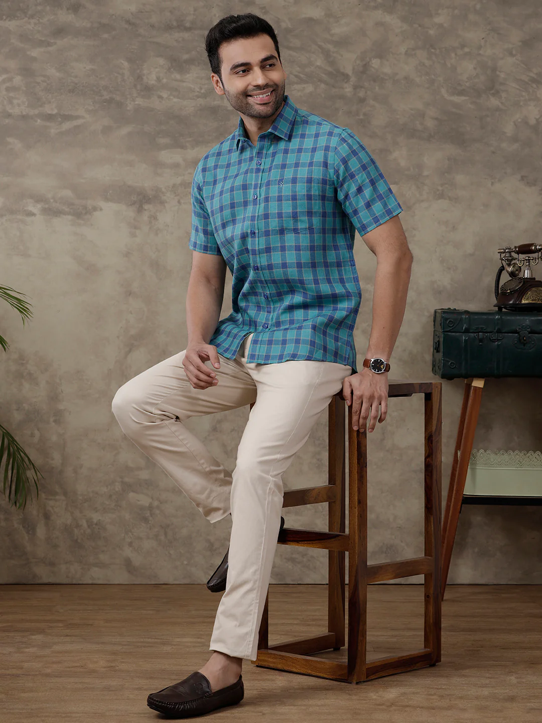 Men Pure Linen Checked Shirt Blue LS58 - Image 8