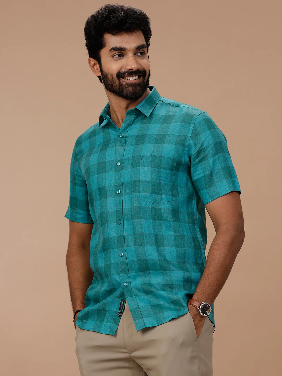 Men Pure Linen Checked Shirt Green LS78 - Image 2