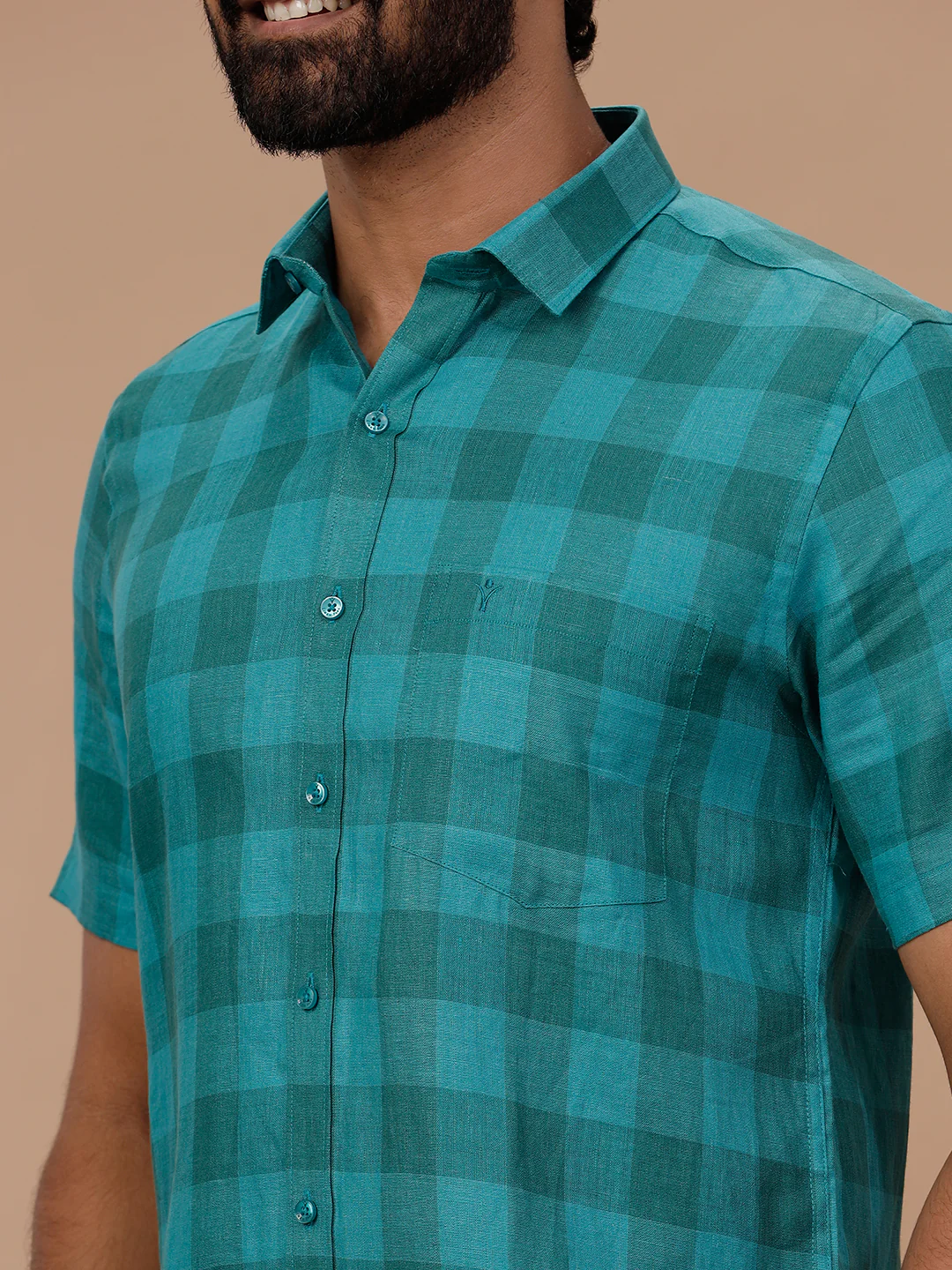 Men Pure Linen Checked Shirt Green LS78 - Image 3