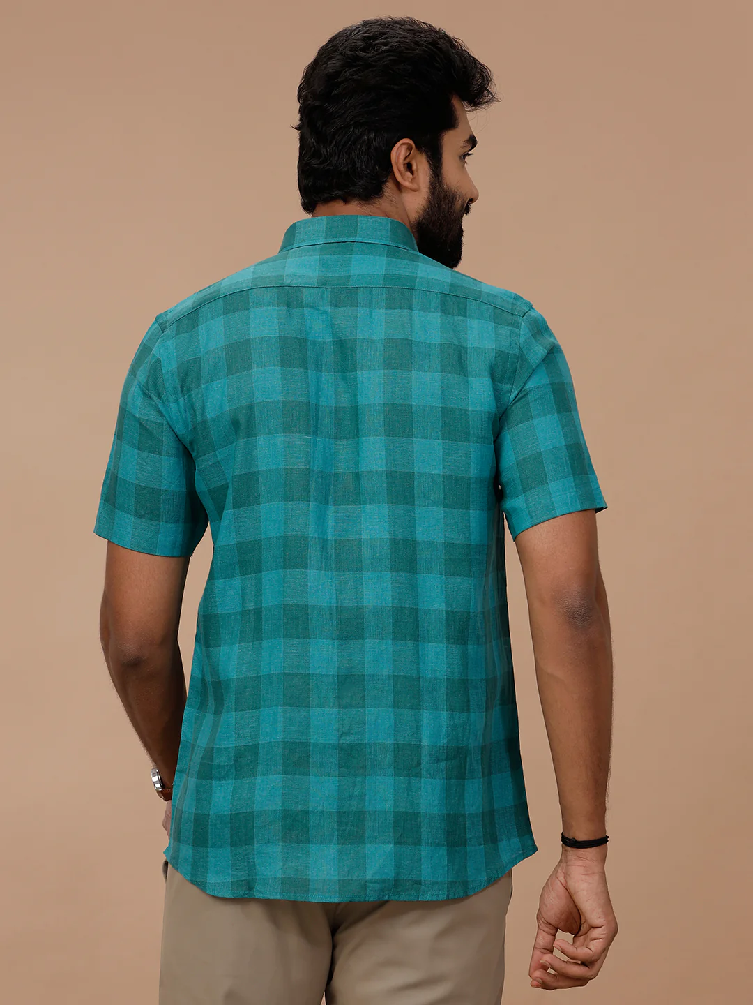Men Pure Linen Checked Shirt Green LS78 - Image 4
