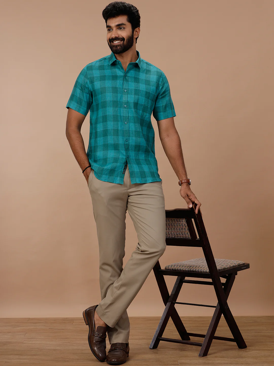 Men Pure Linen Checked Shirt Green LS78 - Image 5