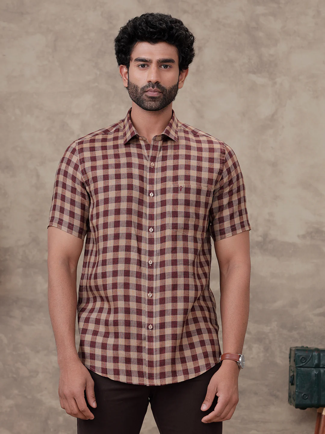 Men Pure Linen Checked Shirt Peacock Maroon Brown LS81 - Image 2