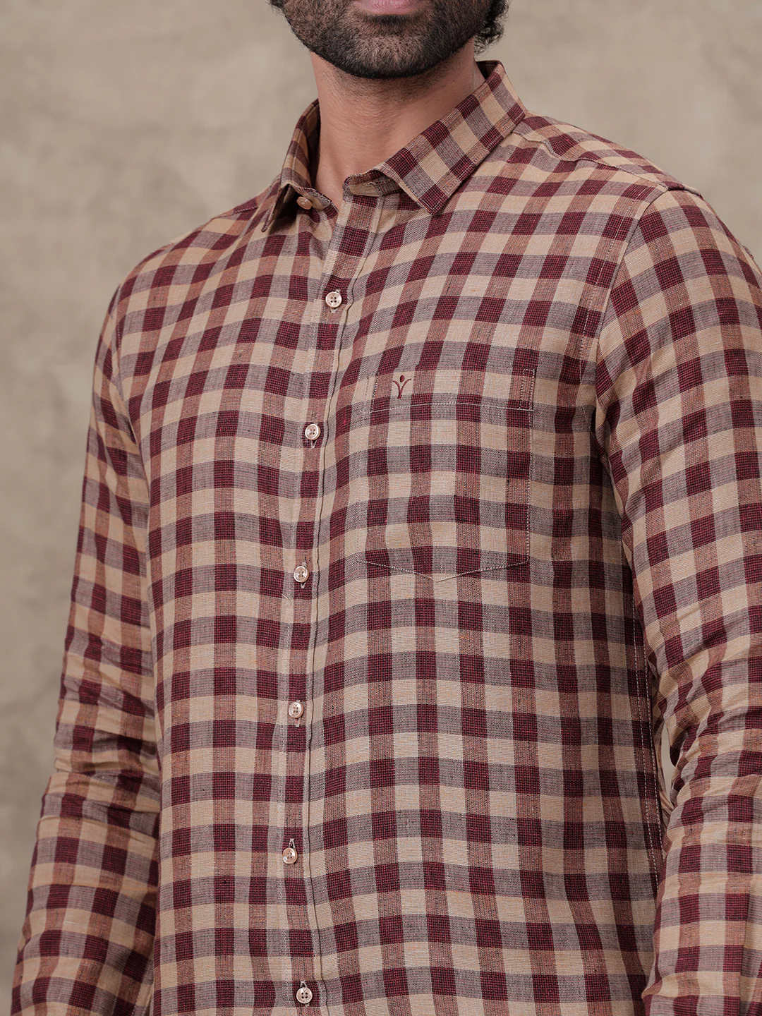 Men Pure Linen Checked Shirt Peacock Maroon Brown LS81 - Image 3
