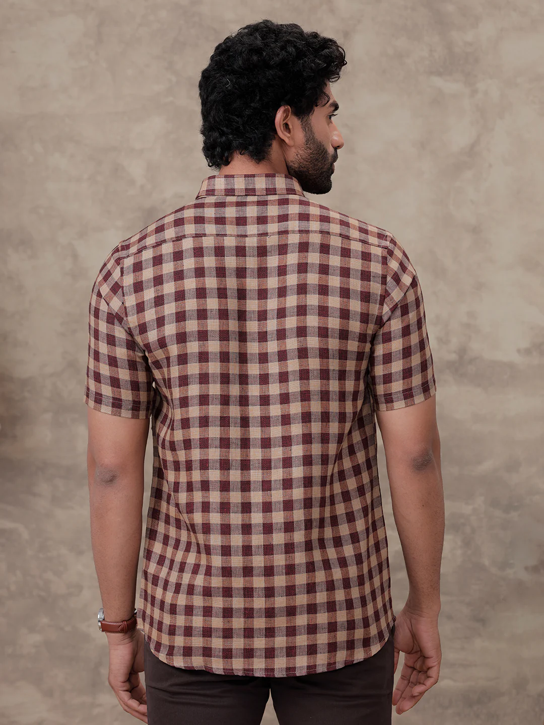 Men Pure Linen Checked Shirt Peacock Maroon Brown LS81 - Image 4