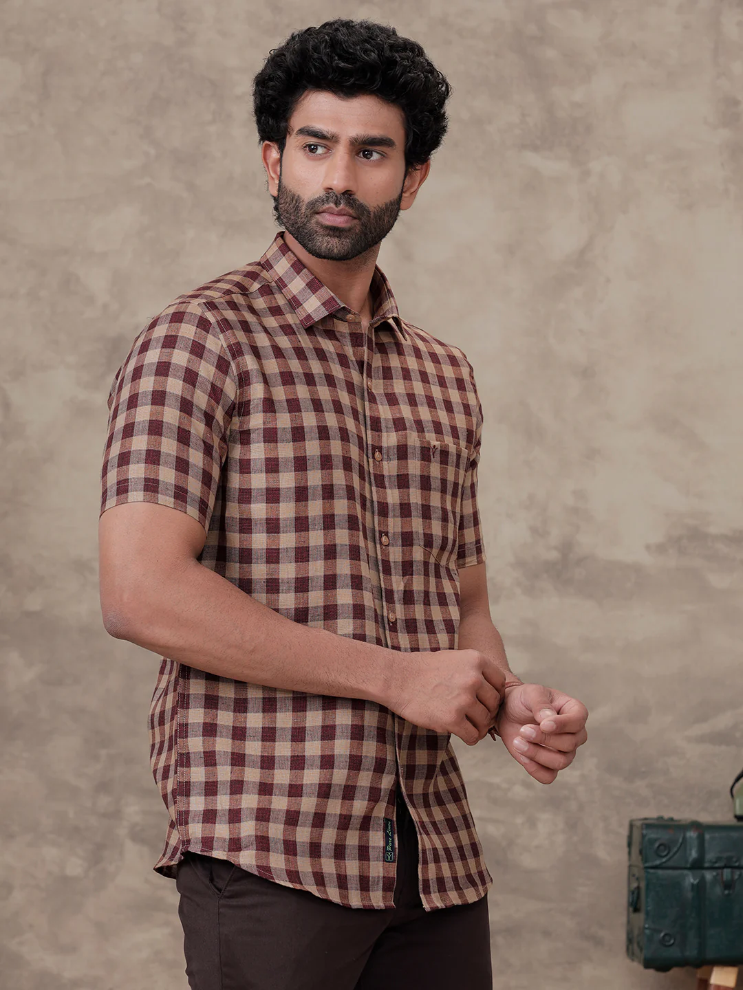 Men Pure Linen Checked Shirt Peacock Maroon Brown LS81 - Image 5