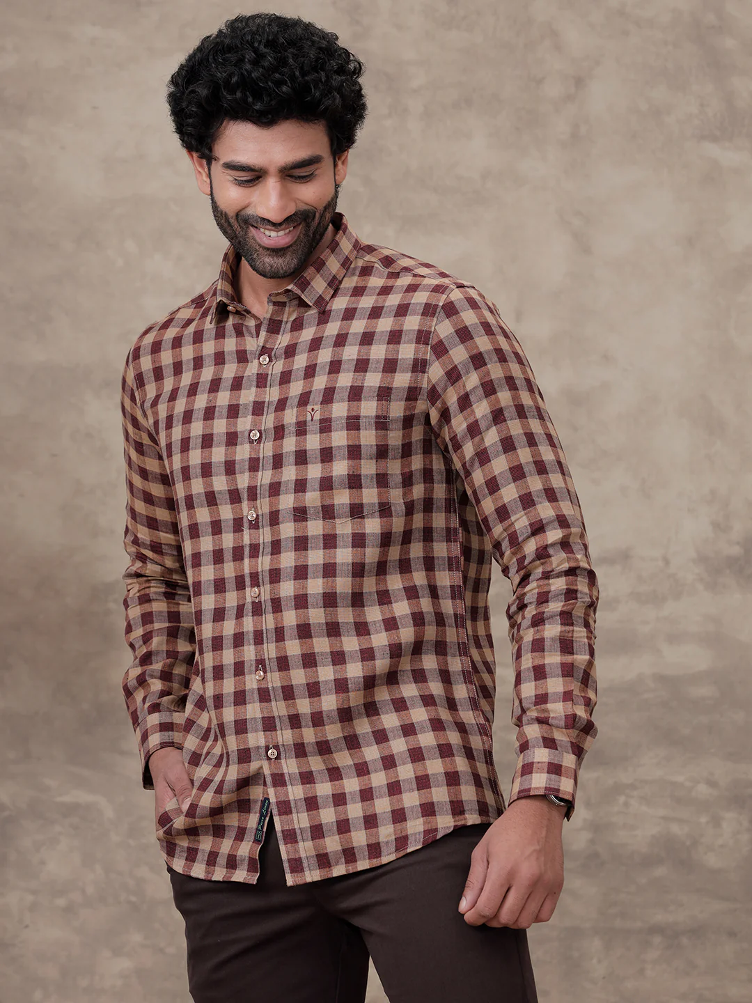 Men Pure Linen Checked Shirt Peacock Maroon Brown LS81 - Image 6