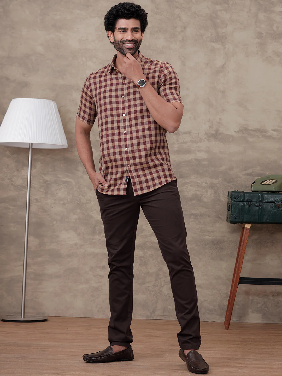 Men Pure Linen Checked Shirt Peacock Maroon Brown LS81 - Image 7