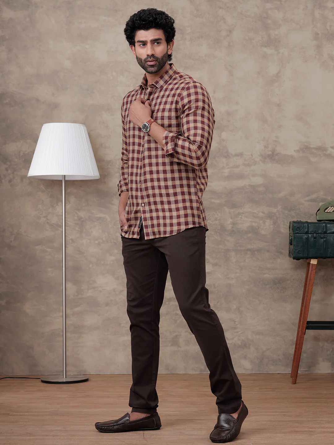 Men Pure Linen Checked Shirt Peacock Maroon Brown LS81 - Image 8
