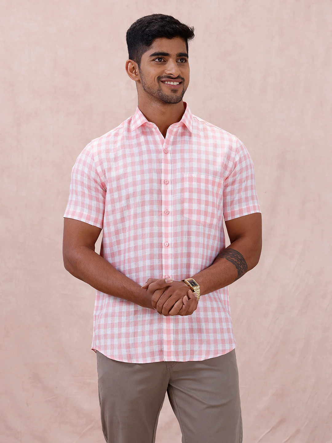 Men Pure Linen Checked Shirt Pink LS2 - Image 2