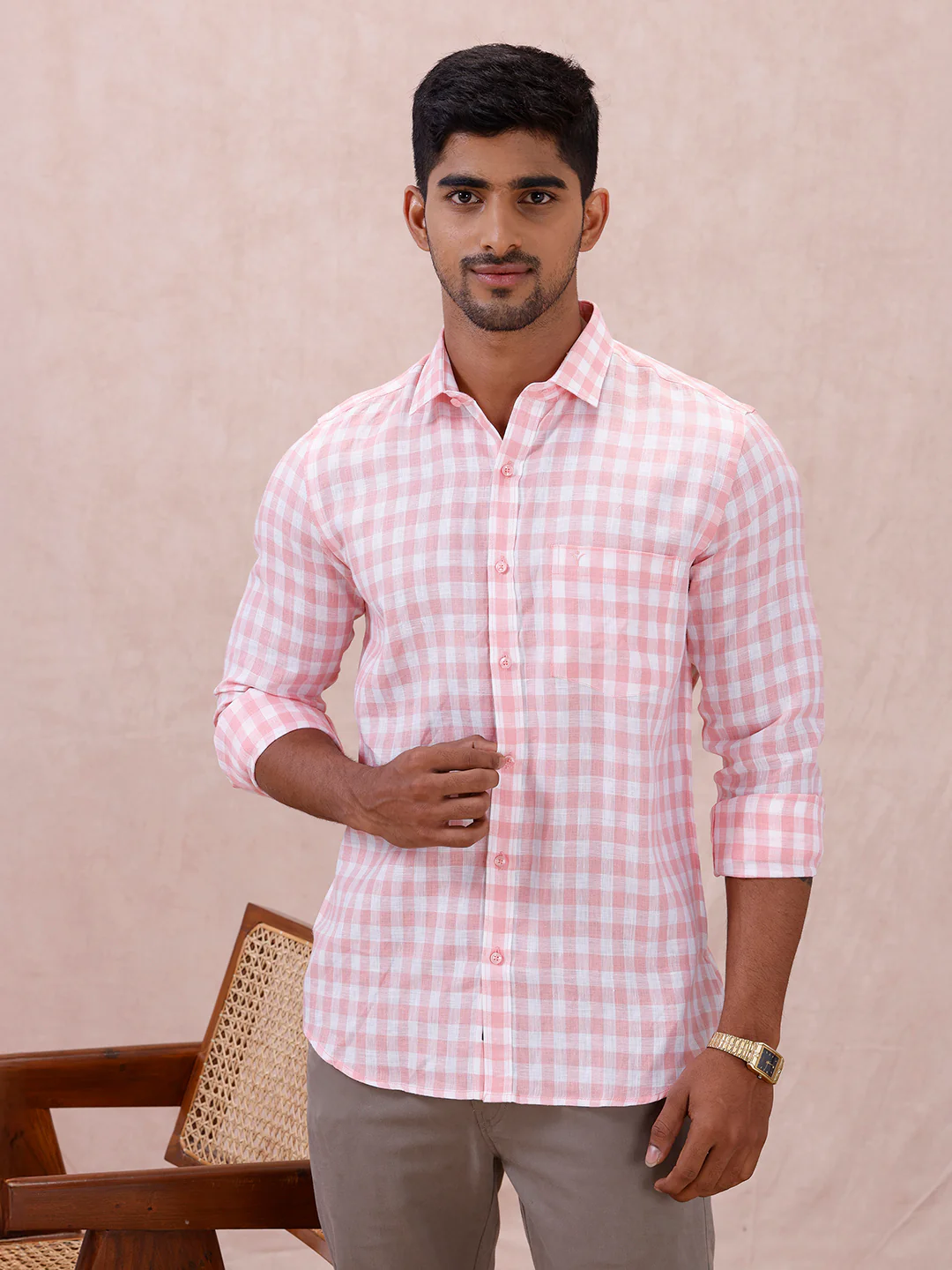 Men Pure Linen Checked Shirt Pink LS2 - Image 3