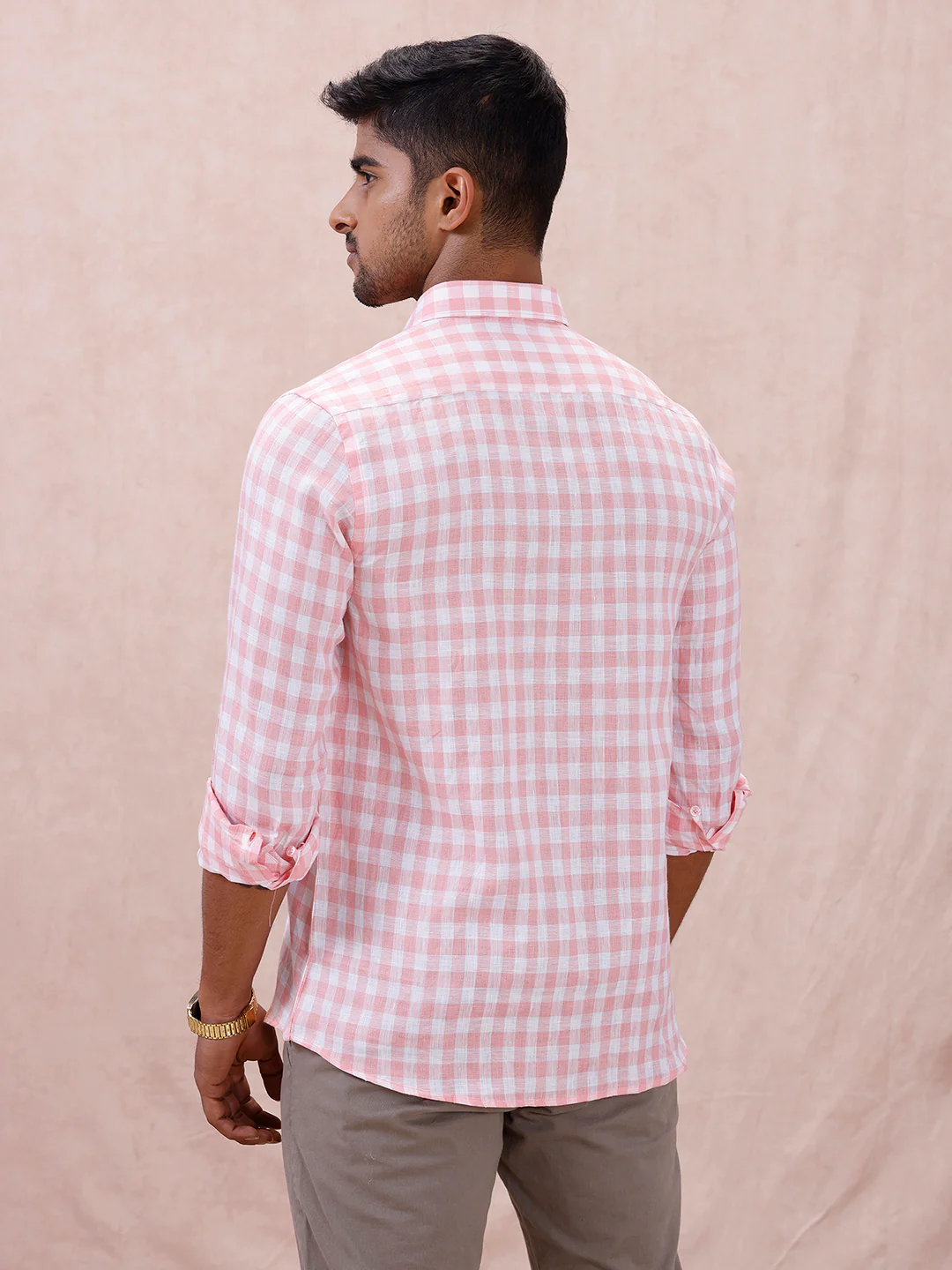 Men Pure Linen Checked Shirt Pink LS2 - Image 4