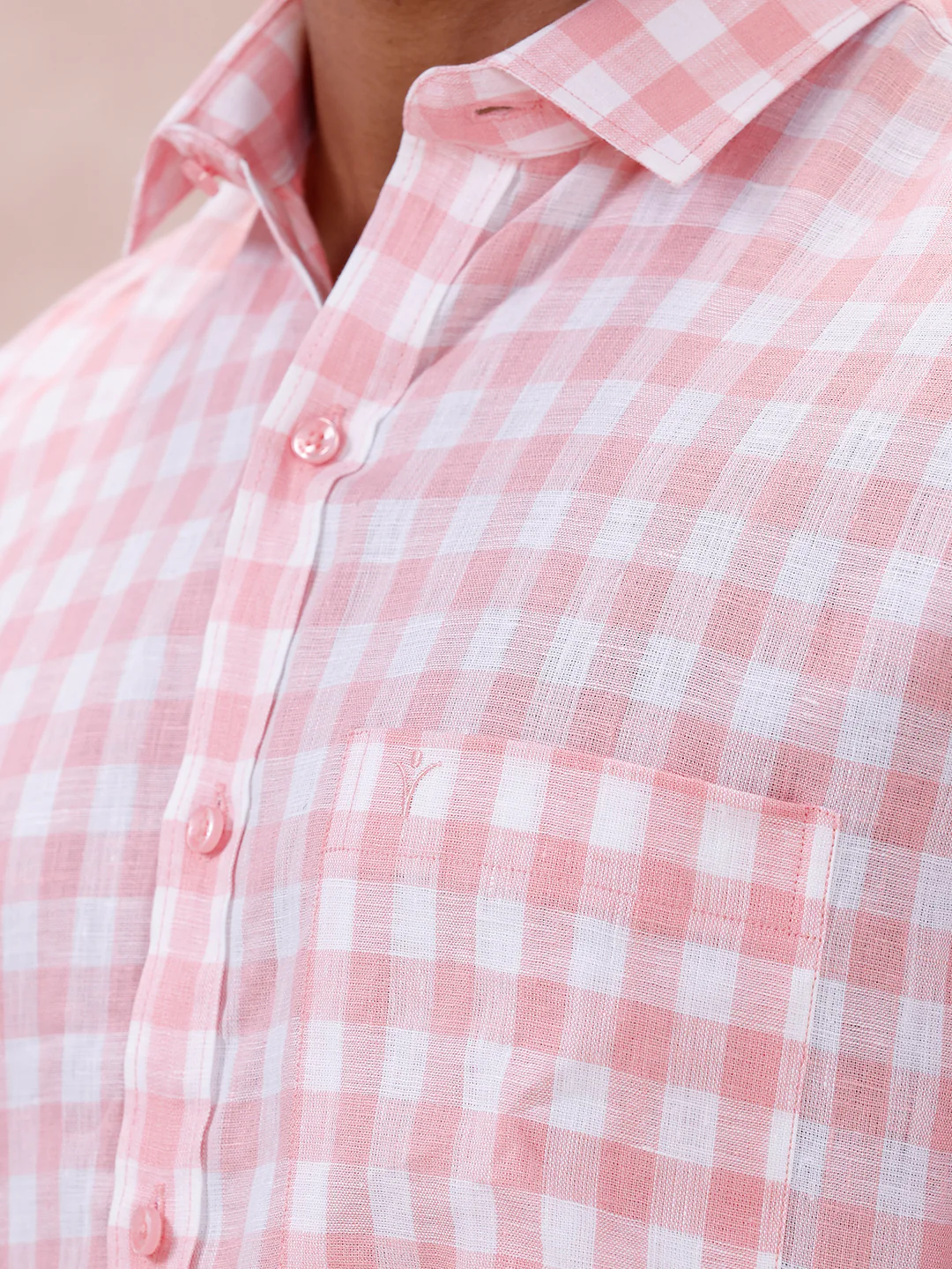 Men Pure Linen Checked Shirt Pink LS2 - Image 5