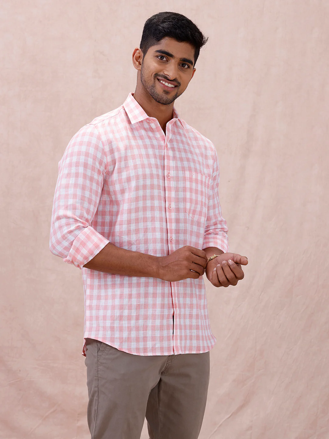 Men Pure Linen Checked Shirt Pink LS2 - Image 6
