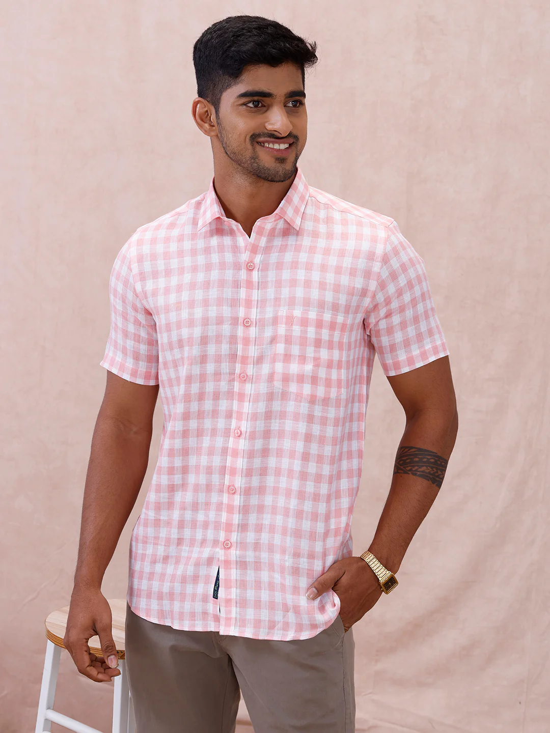 Men Pure Linen Checked Shirt Pink LS2 - Image 7