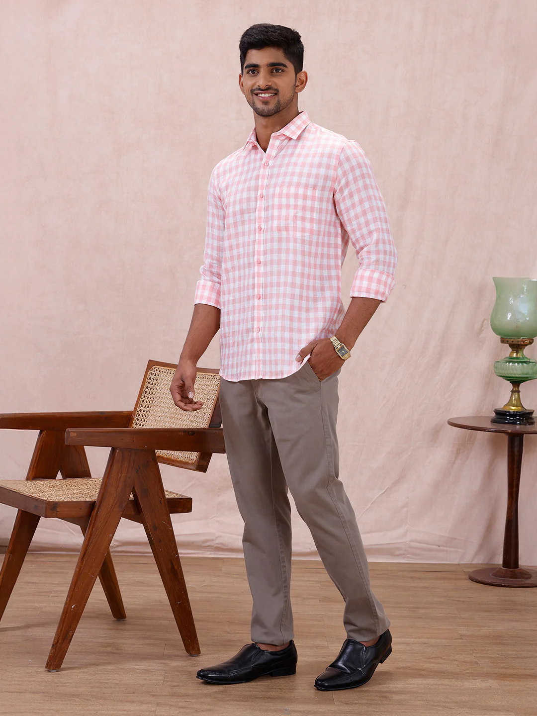 Men Pure Linen Checked Shirt Pink LS2 - Image 8