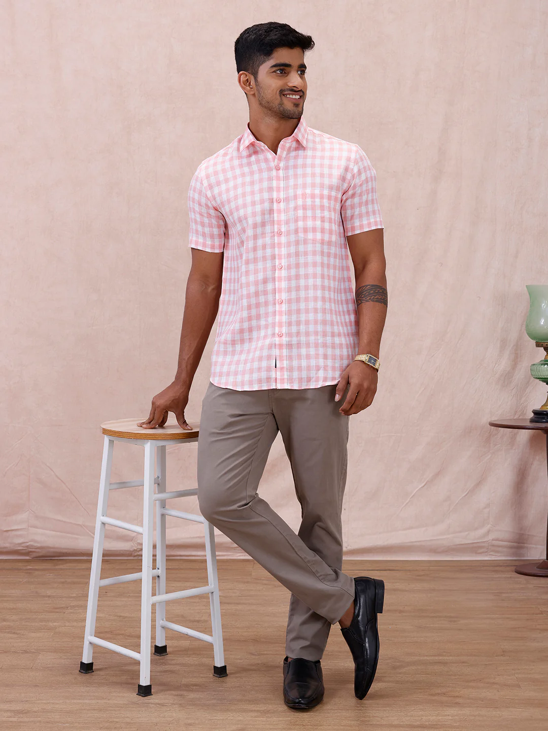 Men Pure Linen Checked Shirt Pink LS2 - Image 9