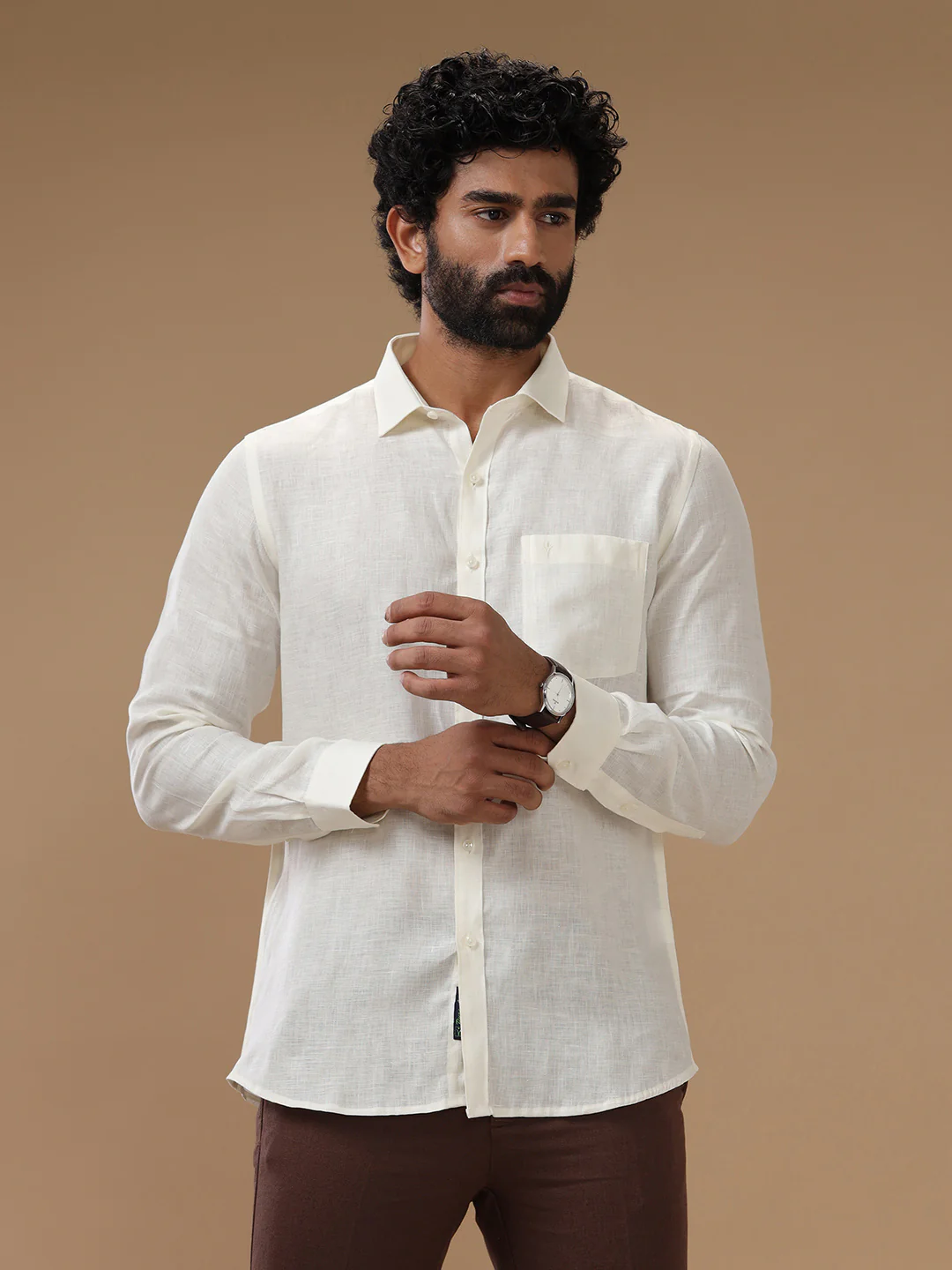 Men Pure Linen Cream Shirt L38 - Image 3