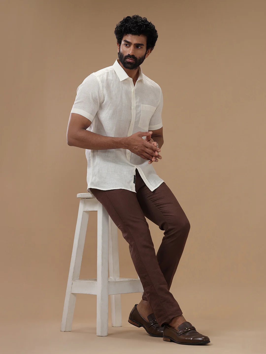 Men Pure Linen Cream Shirt L38 - Image 7