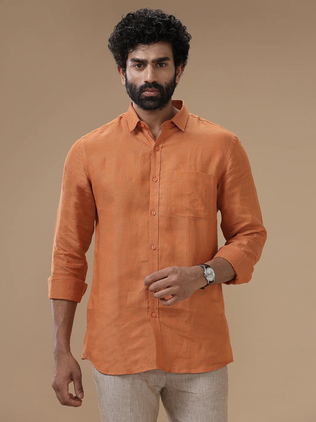 Men Pure Linen Dark Orange Shirt L76 - Image 3