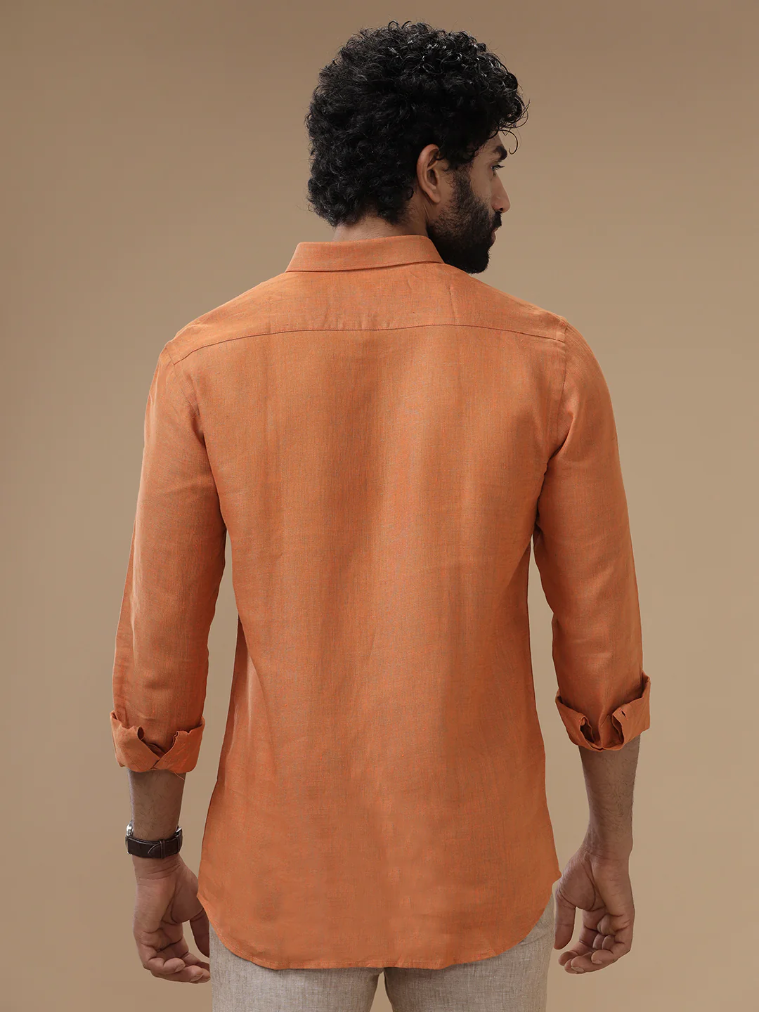 Men Pure Linen Dark Orange Shirt L76 - Image 4