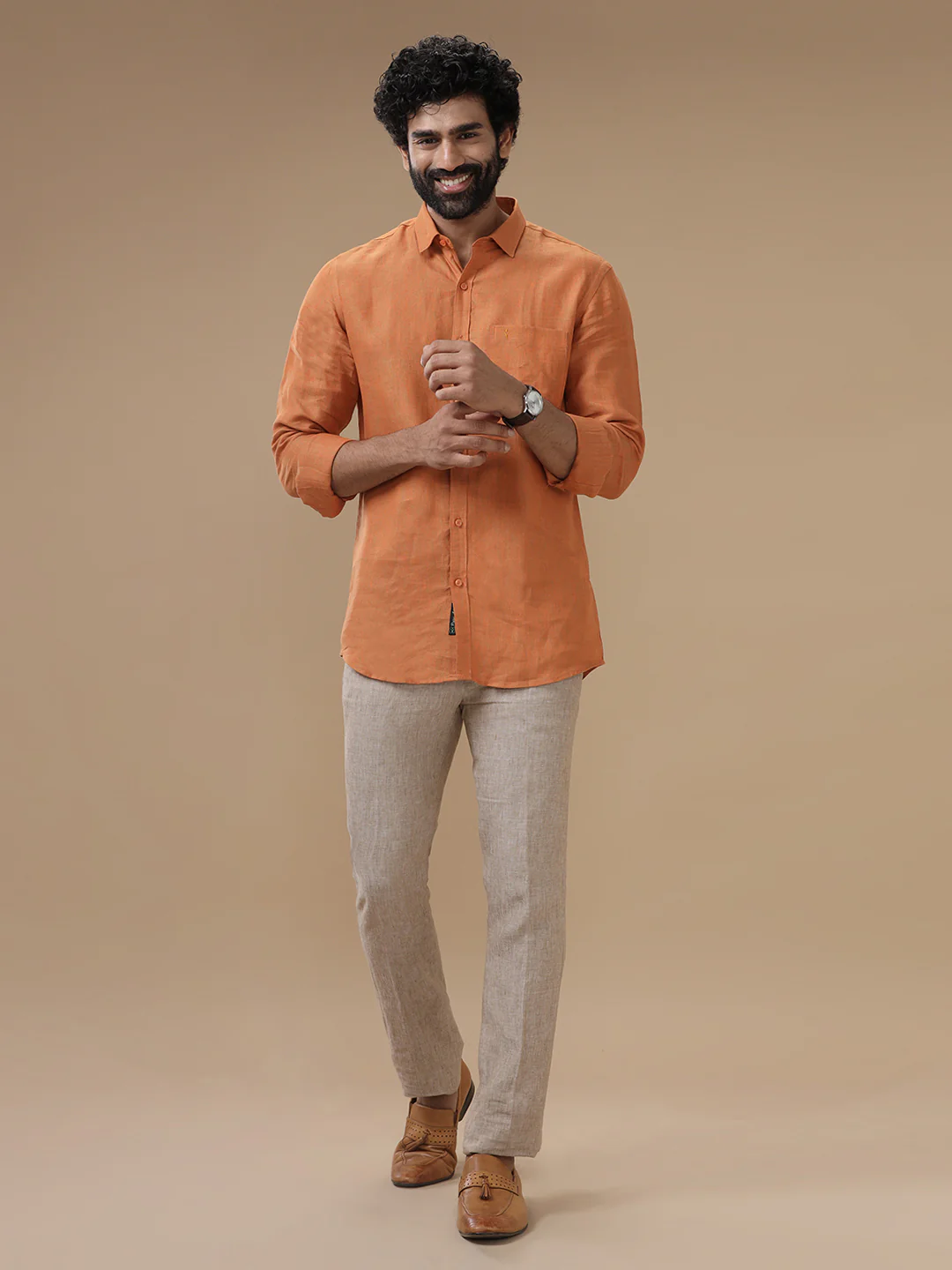 Men Pure Linen Dark Orange Shirt L76 - Image 5