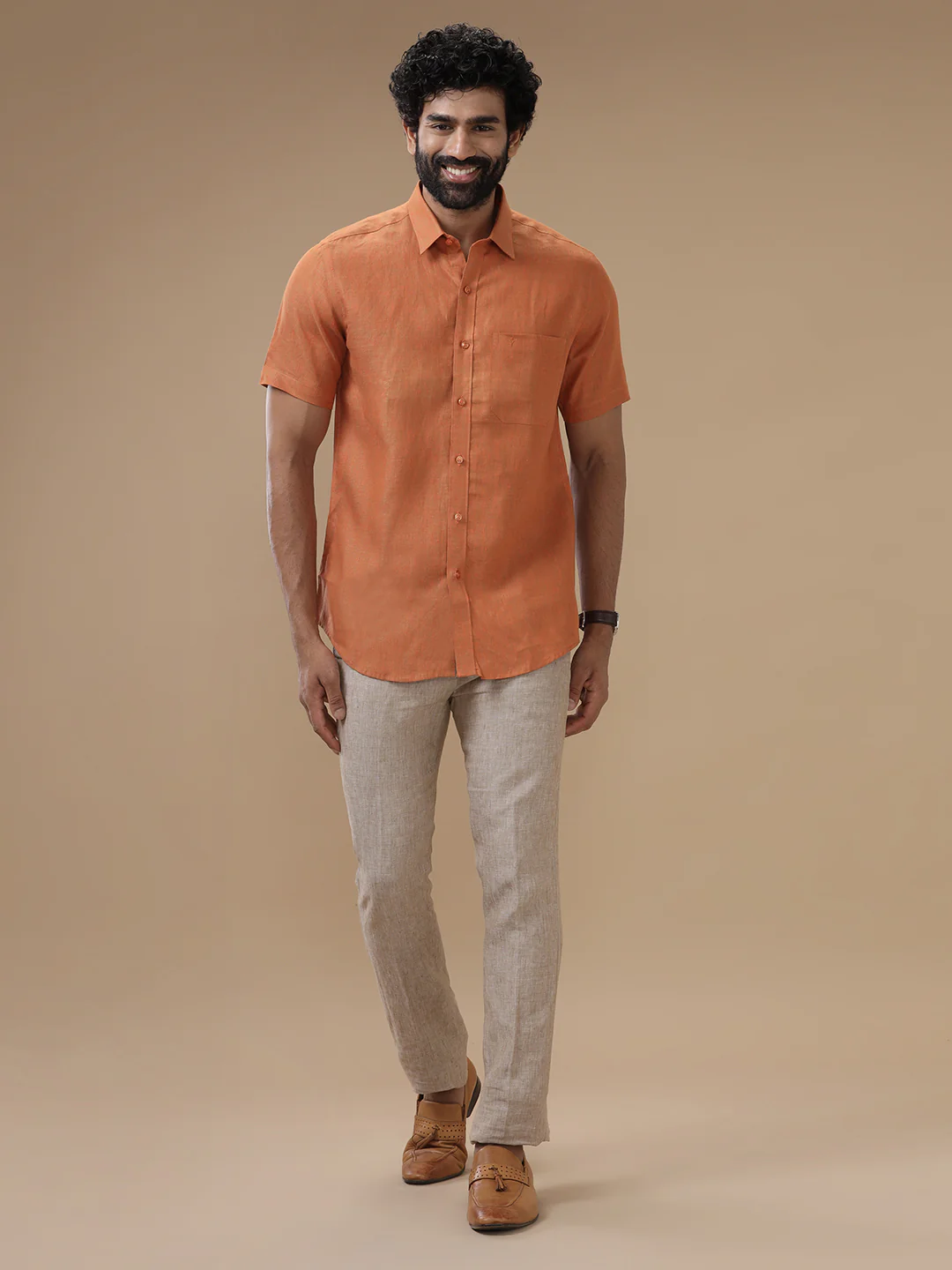 Men Pure Linen Dark Orange Shirt L76 - Image 6