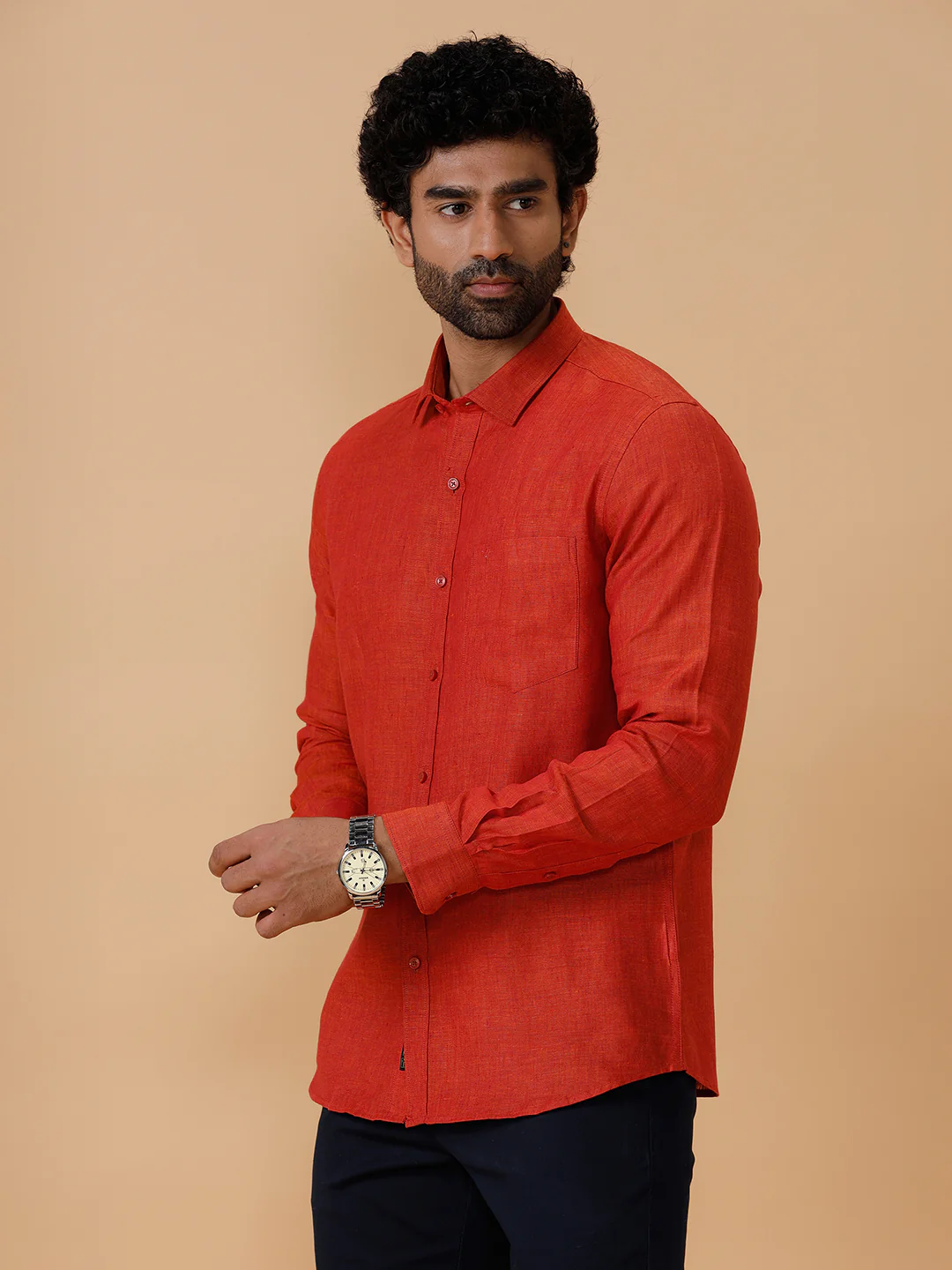 Men Pure Linen Deep Red Shirt L12 - Image 5