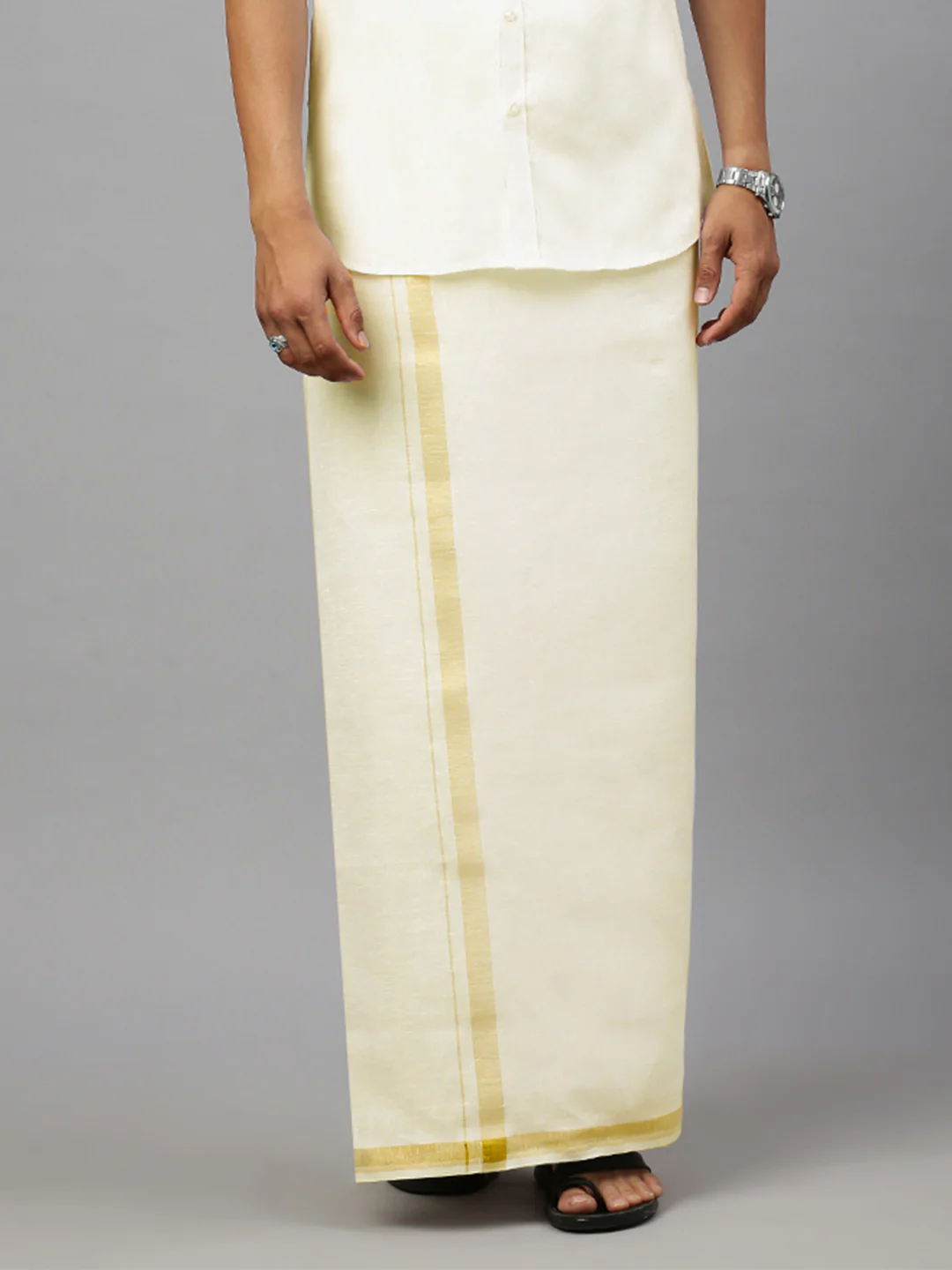 Men Pure Linen Double Layer Cream Dhoti with Gold Jari Border