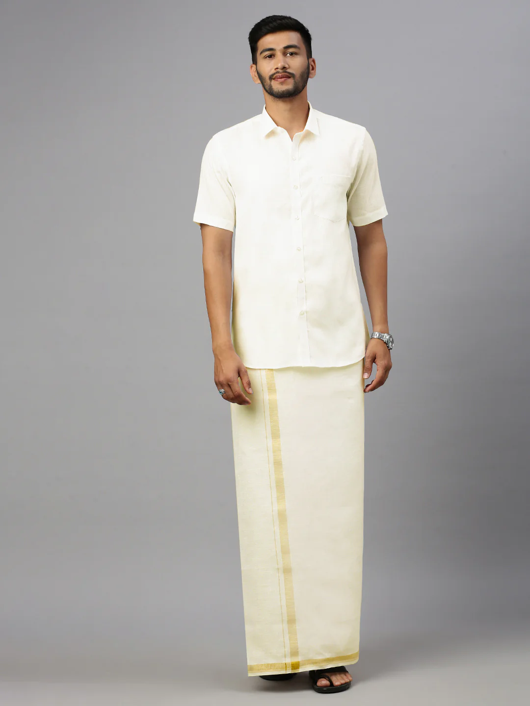 Men Pure Linen Double Layer Cream Dhoti with Gold Jari Border - Image 2