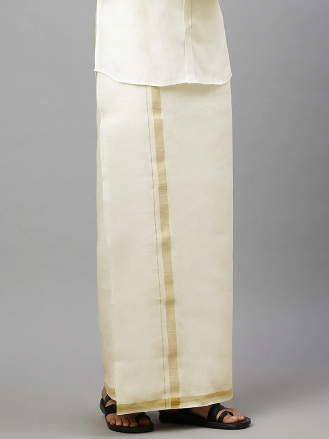 Men Pure Linen Double Layer Cream Dhoti with Gold Jari Border - Image 3