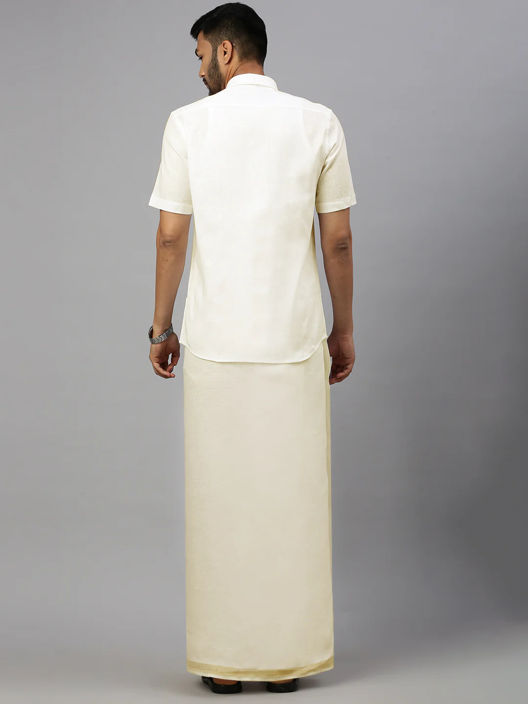 Men Pure Linen Double Layer Cream Dhoti with Gold Jari Border - Image 4