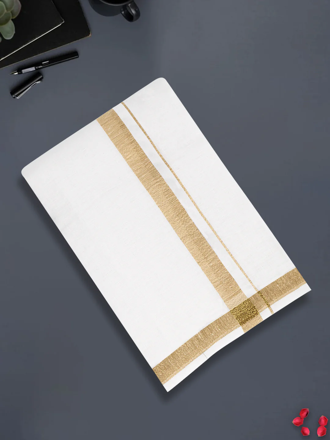 Men Pure Linen Double Layer White Dhoti with Gold Jari Border