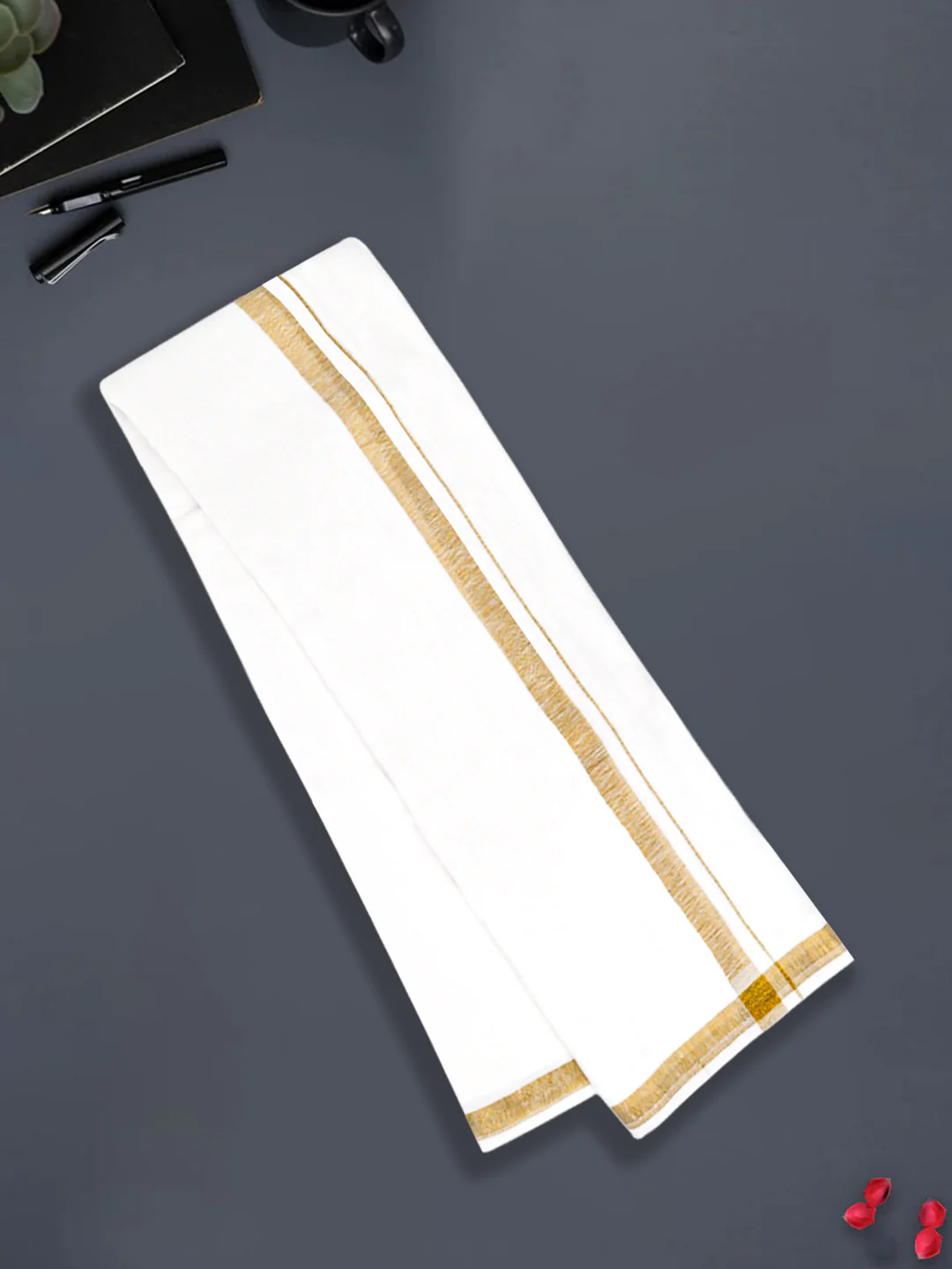 Men Pure Linen Double Layer White Dhoti with Gold Jari Border - Image 2