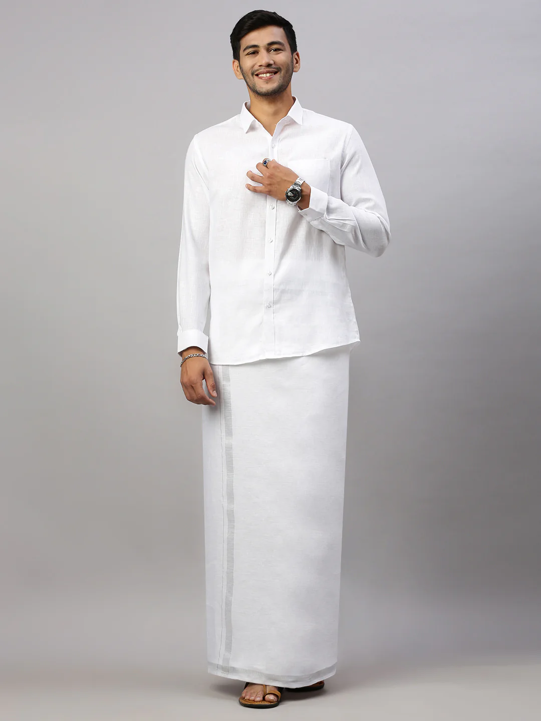 Men Pure Linen Double Layer White Dhoti with Silver Jari Border - Image 2