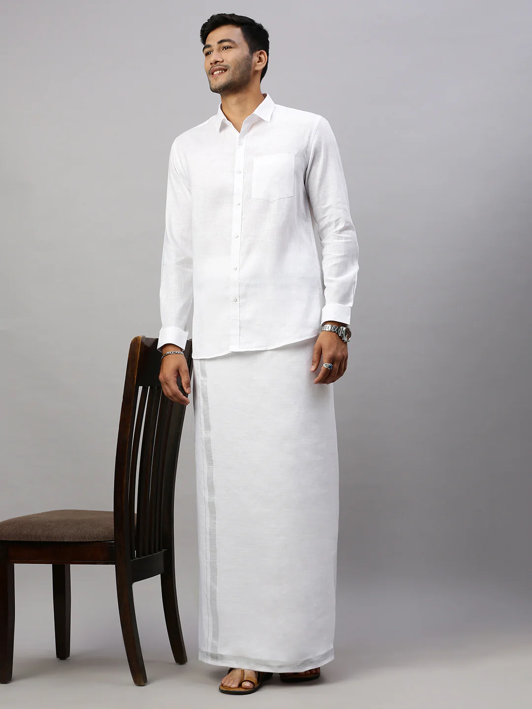 Men Pure Linen Double Layer White Dhoti with Silver Jari Border - Image 3