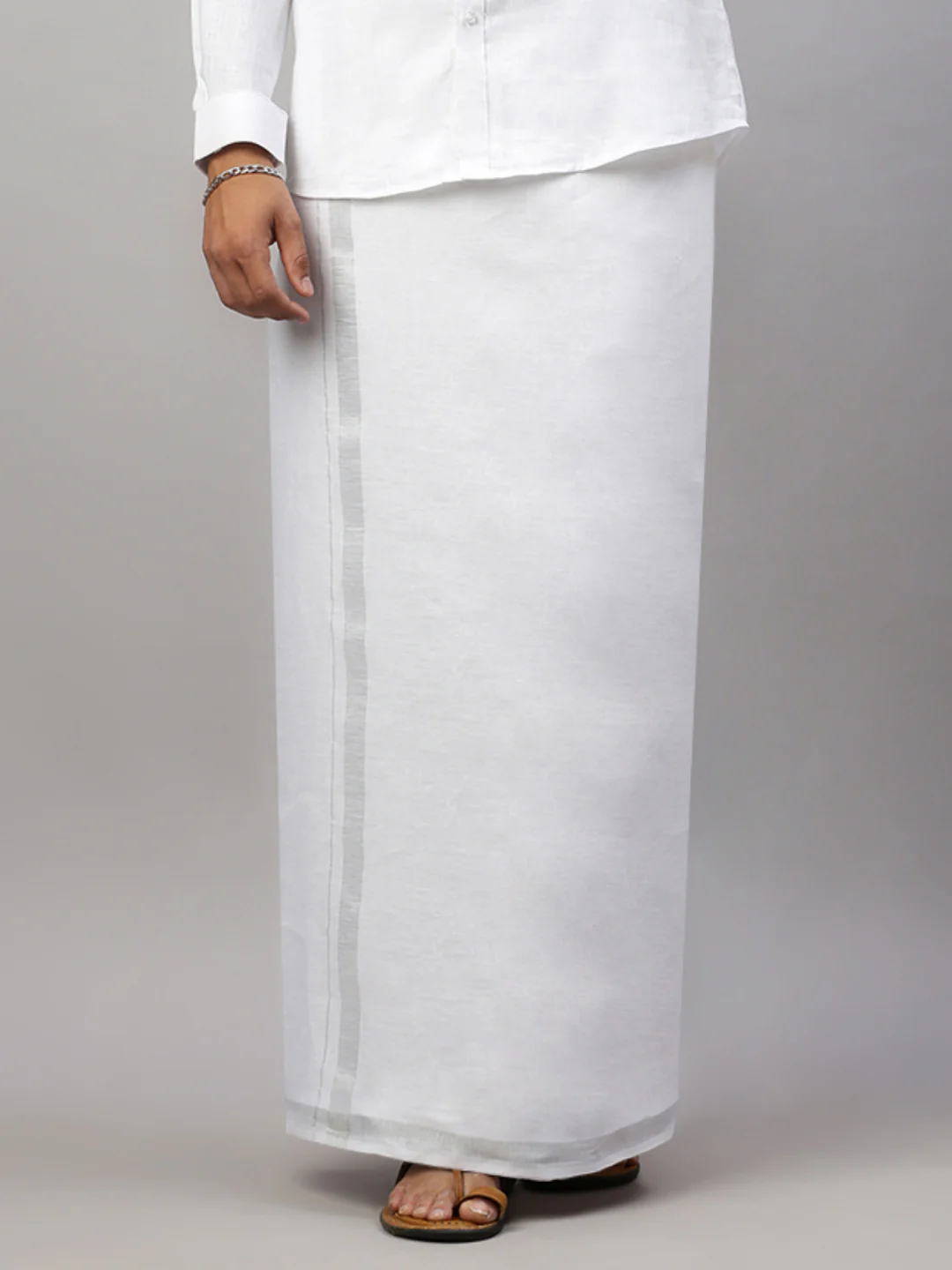 Men Pure Linen Double Layer White Dhoti with Silver Jari Border - Image 4