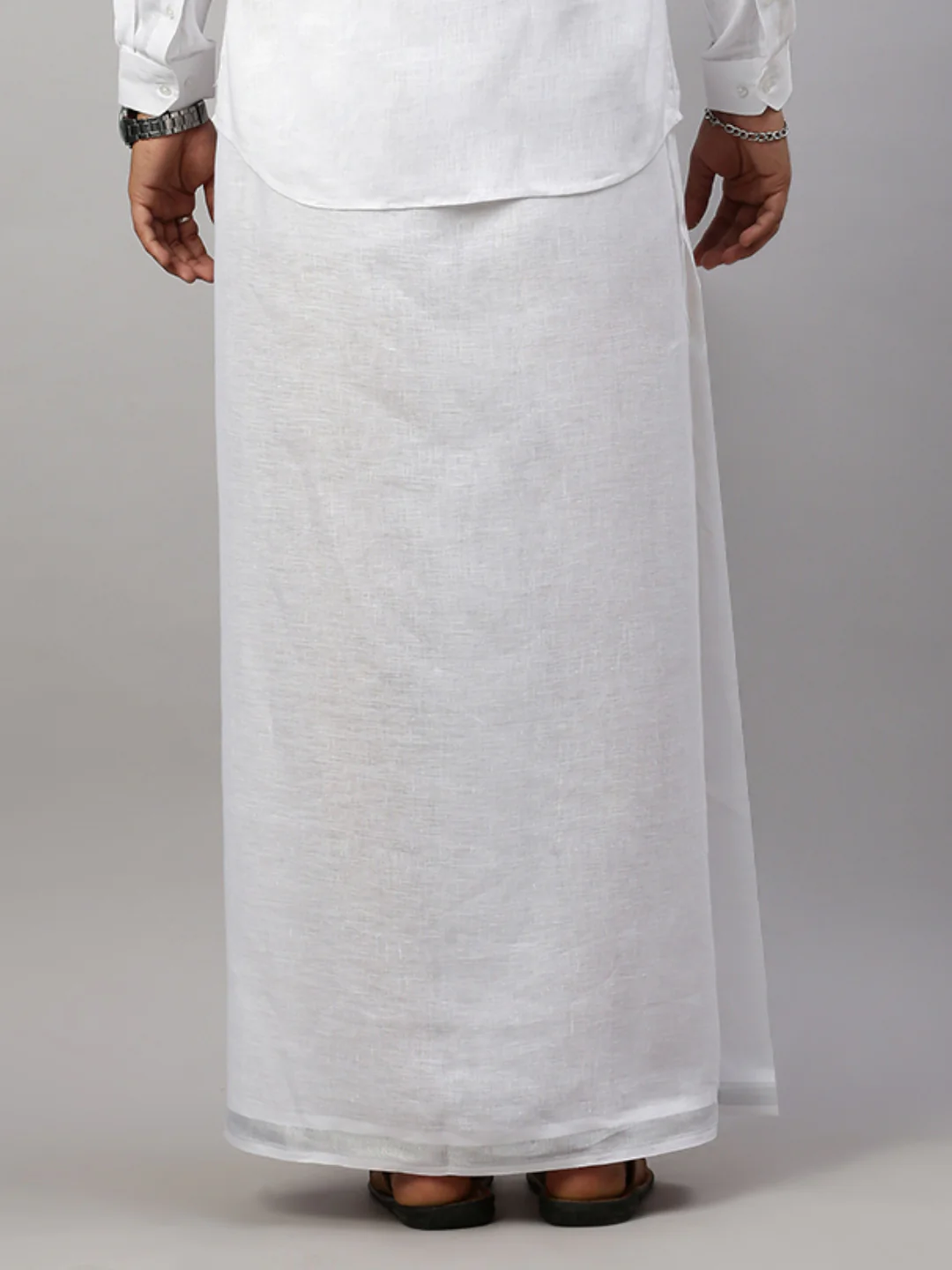 Men Pure Linen Double Layer White Dhoti with Silver Jari Border - Image 6