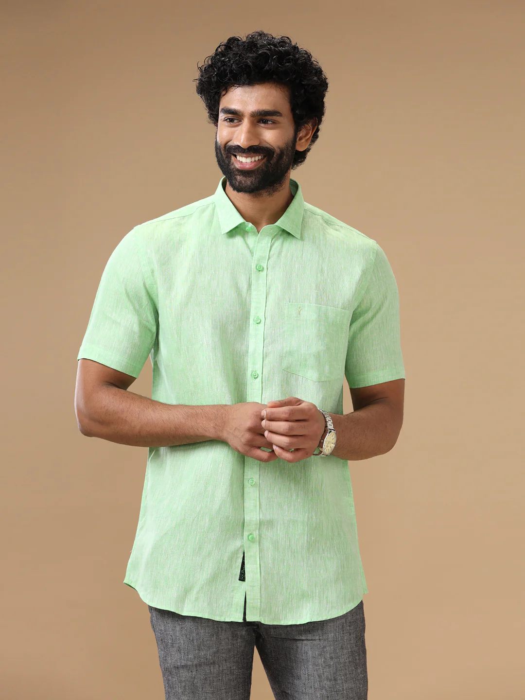 Men Pure Linen Green Shirt L25 - Image 2