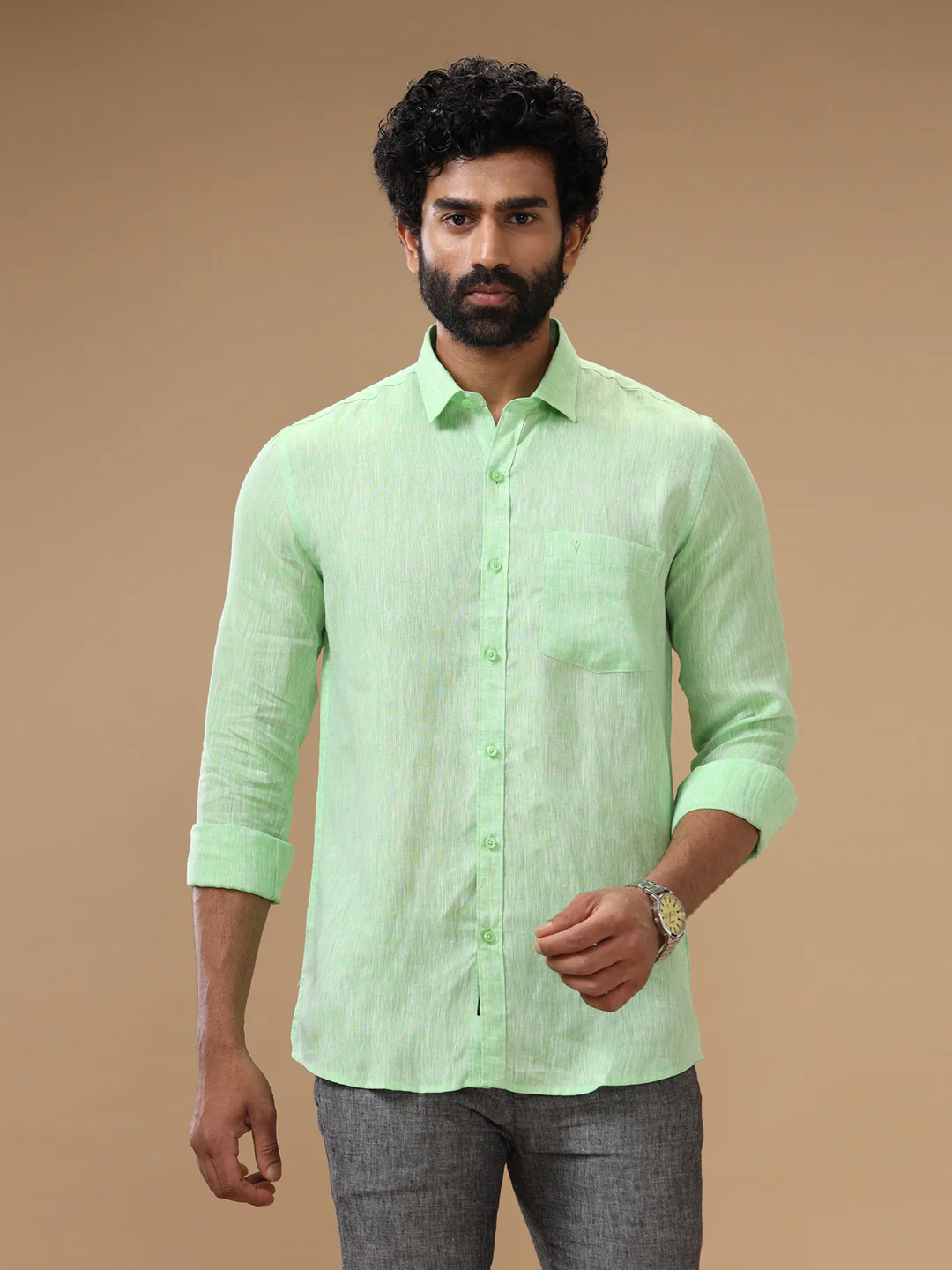 Men Pure Linen Green Shirt L25 - Image 3