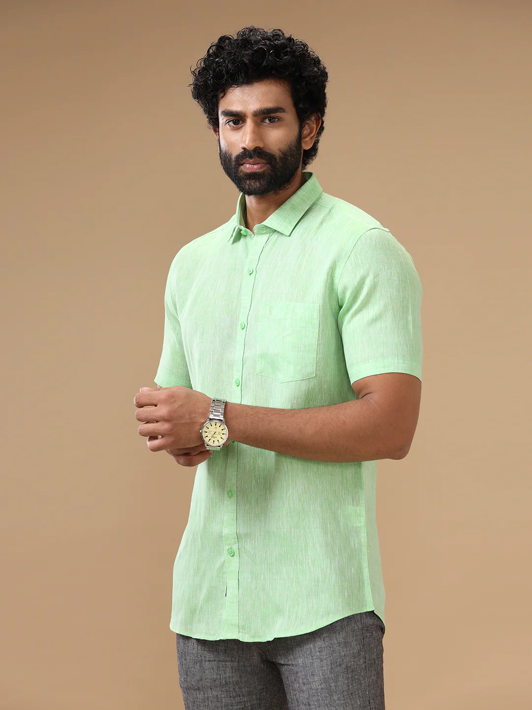 Men Pure Linen Green Shirt L25 - Image 4