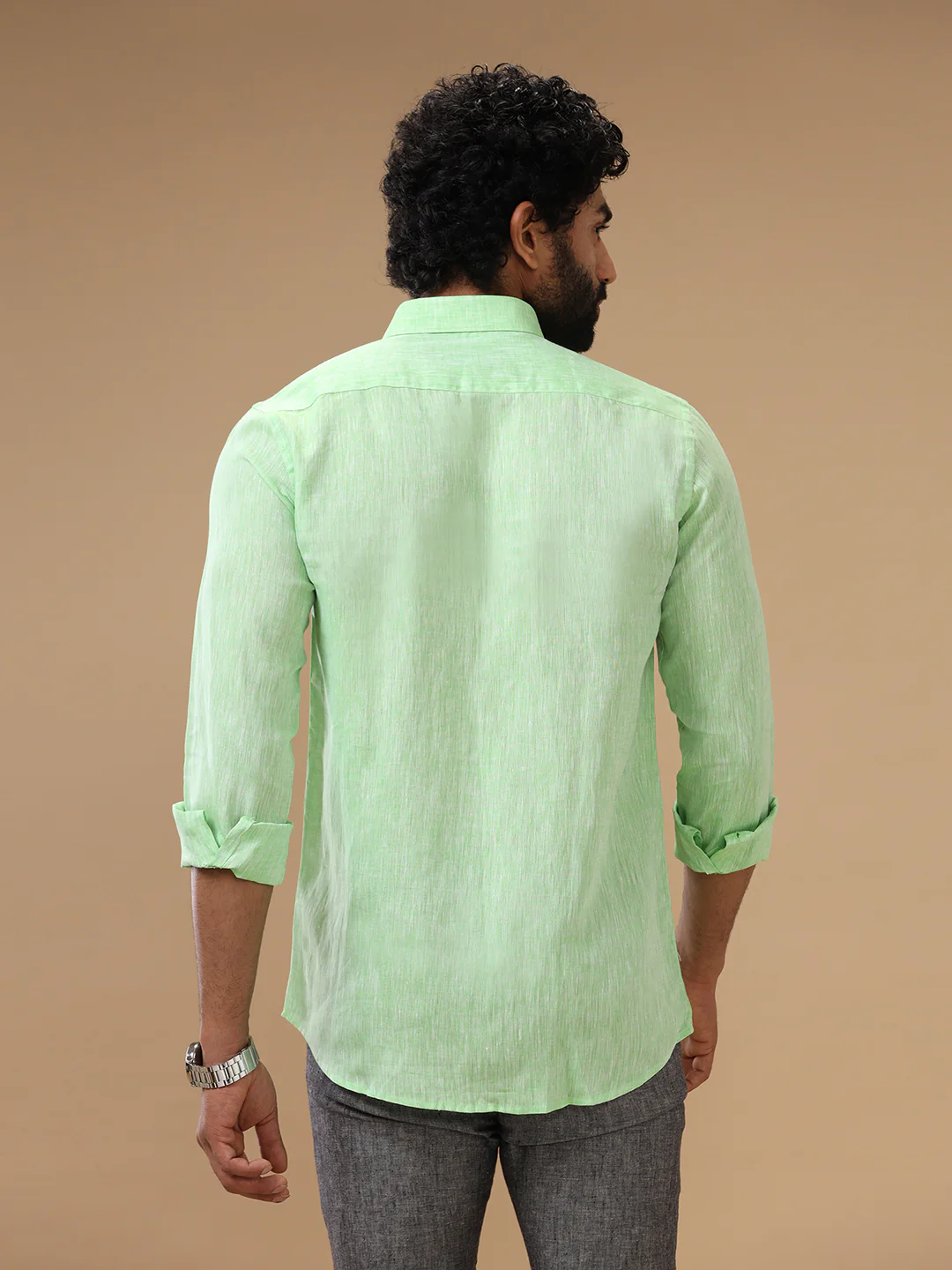 Men Pure Linen Green Shirt L25 - Image 5