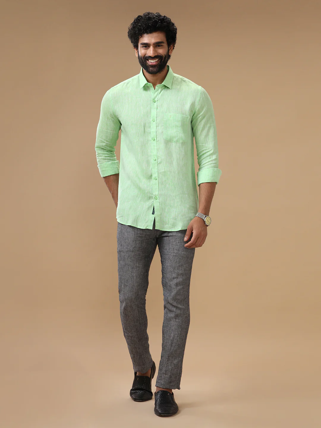 Men Pure Linen Green Shirt L25 - Image 6