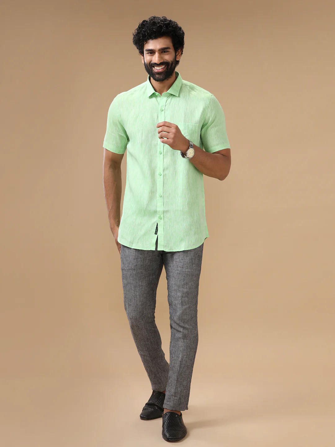 Men Pure Linen Green Shirt L25 - Image 7