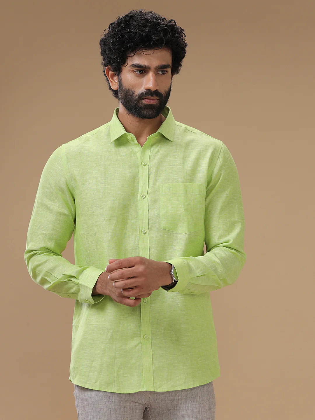 Men Pure Linen Green Shirt L34 - Image 3